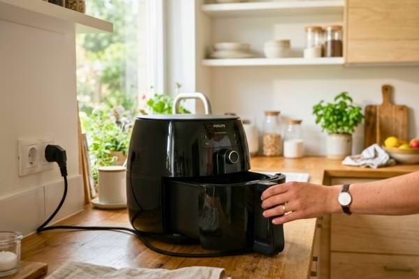 un airfryer noir &eacute;l&eacute;gant pos&eacute; sur un plan de travail en bois. 