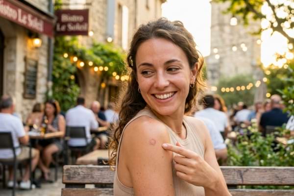 une femme, regardant avec curiosit&eacute; le haut de son &eacute;paule gauche o&ugrave; se trouve une petite cicatrice ronde