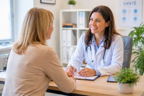 une femme discutant sereinement avec une femme m&eacute;decin souriante dans un cabinet m&eacute;dical
