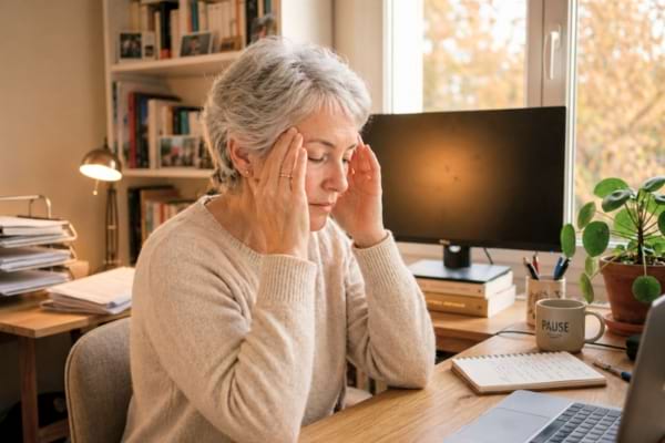 une femme d'une trentaine d'ann&eacute;es, l'air l&eacute;g&egrave;rement pensive, se massant doucement les tempes 
