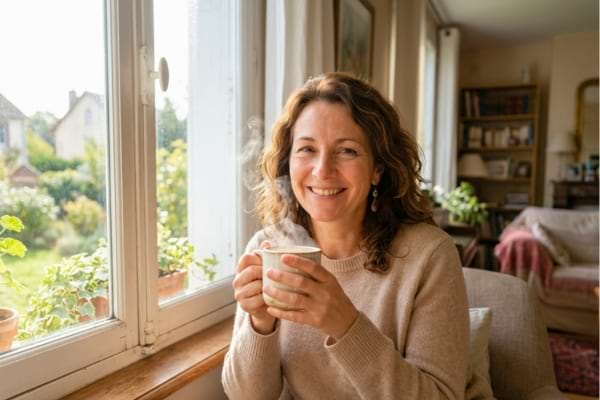 une femme souriante tenant une tasse fumante &agrave; deux mains