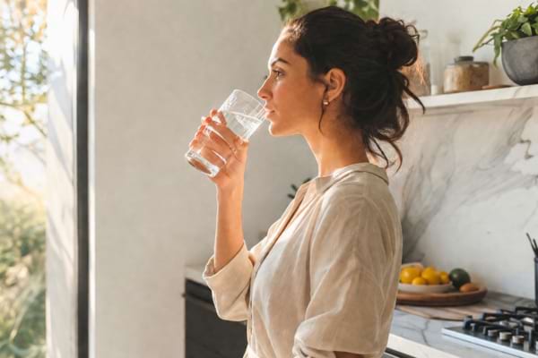 Une femme &eacute;l&eacute;gante de profil, buvant un grand verre d'eau dans une cuisine