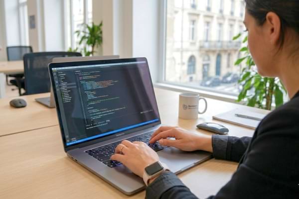 A person typing on a sleek modern laptop keyboard, office environment