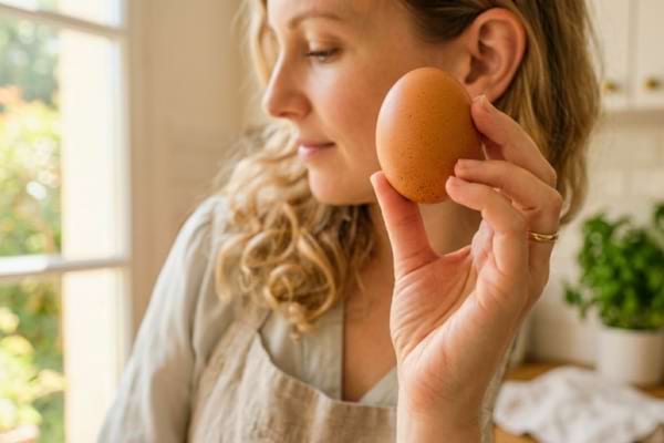 une main de femme tenant d&eacute;licatement un &oelig;uf brun pr&egrave;s de son oreille pour l'&eacute;couter.