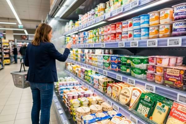 n rayon frais de supermarch&eacute; bien rempli, ax&eacute; sur des yaourts et des fromages