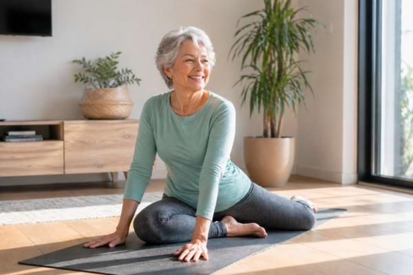 une femme souriante faisant des &eacute;tirements doux de yoga sur un tapis