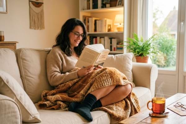 une personne en train de lire un livre confortablement install&eacute;e dans un canap&eacute;