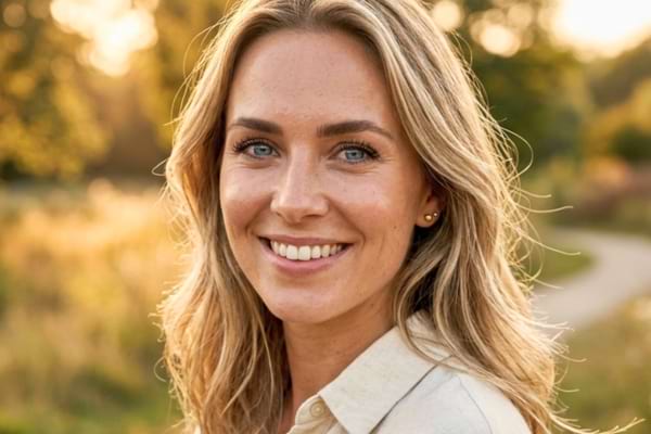 une femme souriante aux yeux bleus per&ccedil;ants,