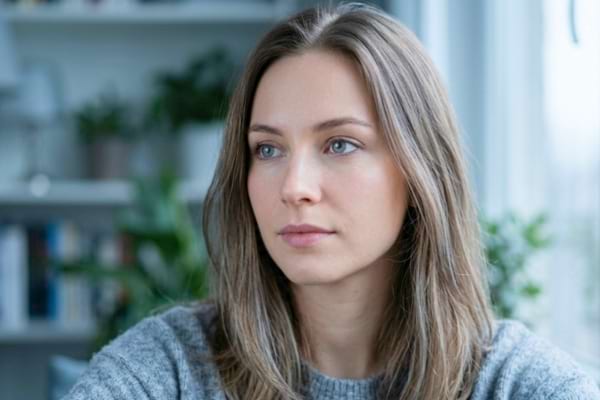 une personne aux yeux gris clair, regard pensif, analytique et apaisant