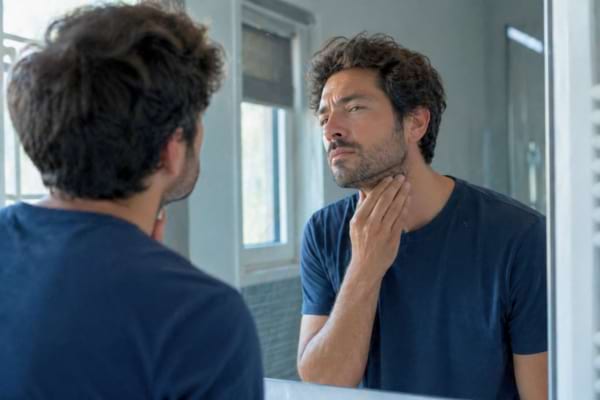 Un homme se touchant tr&egrave;s l&eacute;g&egrave;rement le cou avec une expression de l&eacute;g&egrave;re perplexit&eacute;