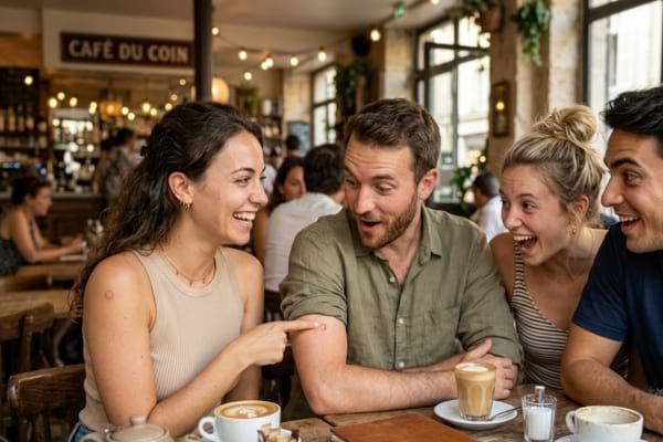 un groupe d'amis en train de discuter joyeusement autour d'un caf&eacute;