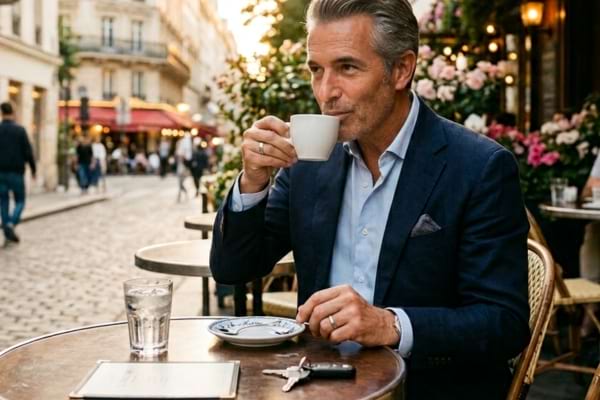 Un homme &eacute;l&eacute;gant assis &agrave; une terrasse de caf&eacute; parisiei, d&eacute;gustant un caf&eacute; noir avec un verre d'eau