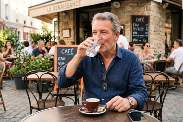 homme &agrave; une terasse buvant un verre d'eau avant sa tasse de caf&eacute;