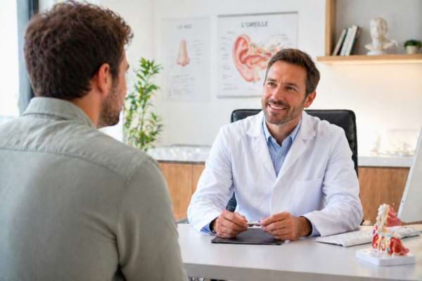 Un m&eacute;decin ORL souriant et bienveillant en blouse blanche, discutant au bureau avec un patient