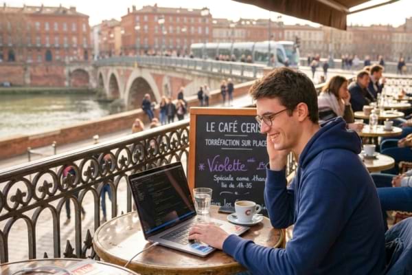 Un jeune d&eacute;veloppeur souriant travaillant sur son ordinateur portable dans un caf&eacute; toulousain ensoleill&eacute;