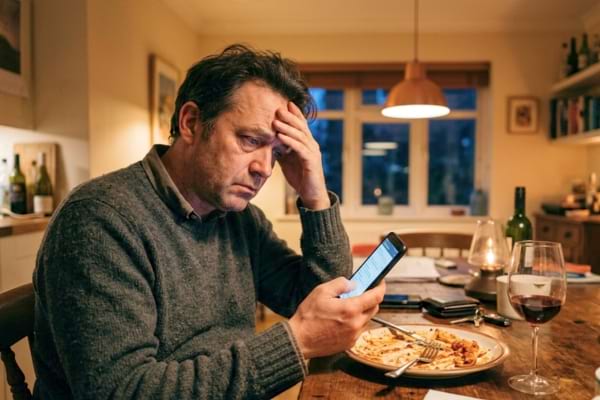 Un homme exasp&eacute;r&eacute; tenant son smartphone dans une main, assis &agrave; une table de salle &agrave; manger