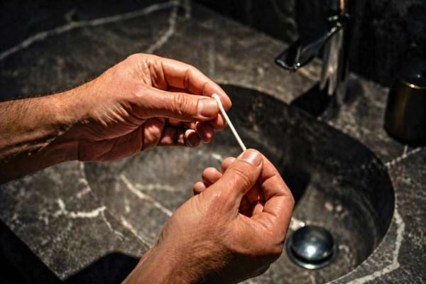 des mains tenant un coton-tige au-dessus d'un lavabo en marbre sombre