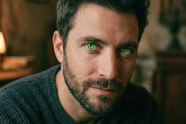 un homme au regard vert &eacute;meraude, expression myst&eacute;rieuse et charismatique