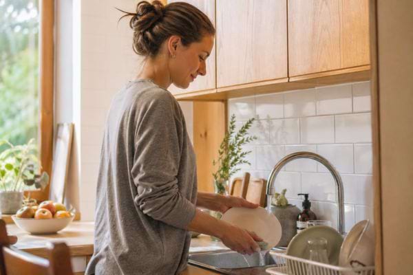une femme fait la vaisselle