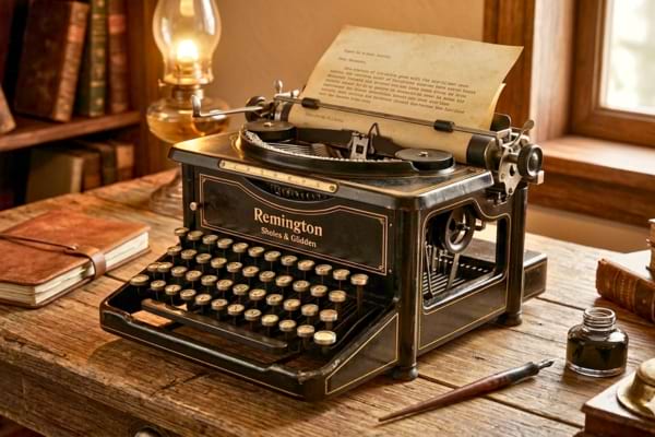 A vintage 19th-century Remington typewriter on a wooden desk