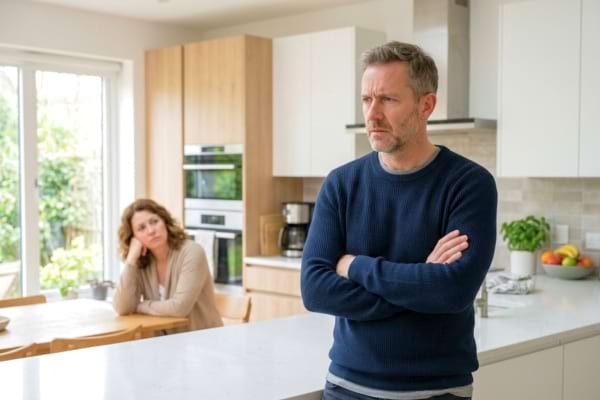un homme d'une cinquantaine d'années dans une cuisine moderne lumineuse. Il a les bras croisés et une expression contrariée