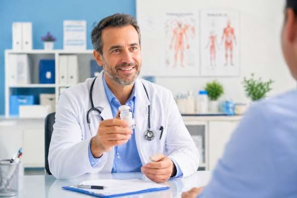 Un m&eacute;decin bienveillant en blouse blanche tient un petit flacon m&eacute;dical et sourit &agrave; un patient