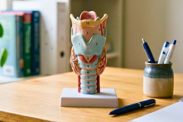 mod&egrave;le anatomique de la gorge humaine pos&eacute; sur un bureau en bois clair.