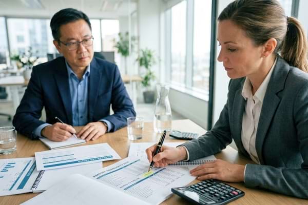 deux personnes en costume discutant s&eacute;rieusement autour d'une table de r&eacute;union moderne