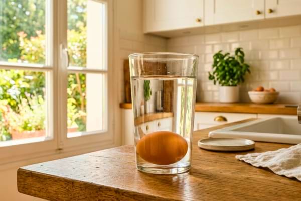 Un grand verre transparent rempli d'eau. &Agrave; l'int&eacute;rieur, un &oelig;uf repose au fond
