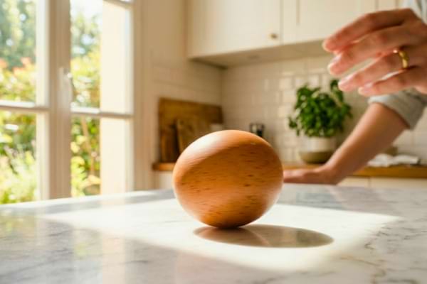 un &oelig;uf en train de tourner sur lui-m&ecirc;me sur un plan de travail en marbre blanc