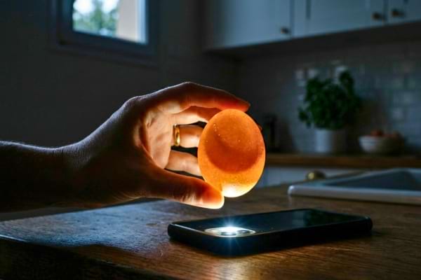 lampe torche allum&eacute;e d'un smartphone pos&eacute; sur une table. La lumi&egrave;re traverse la coquille de l'&oelig;uf