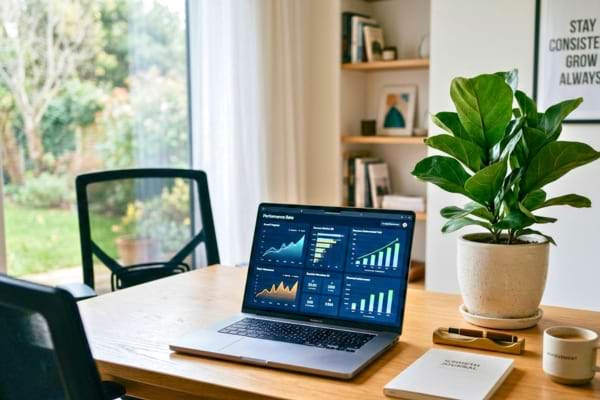 Un espace de travail moderne et &eacute;pur&eacute;, un ordinateur portable ouvert sur des graphiques de progression,