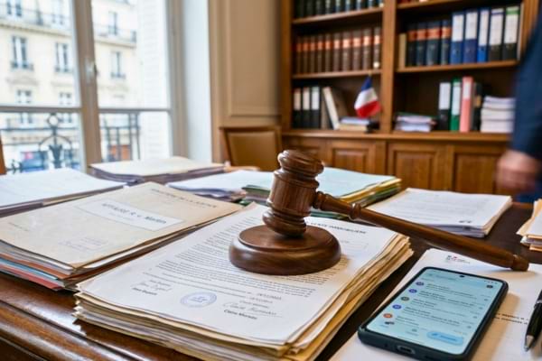 Un marteau de juge en bois pos&eacute; sur des documents l&eacute;gaux flous, avec un smartphone &agrave; c&ocirc;t&eacute;