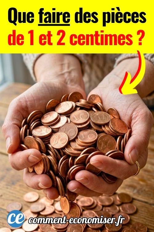 Deux mains tiennent une poignée de pièces de centimes sur une table en bois.
