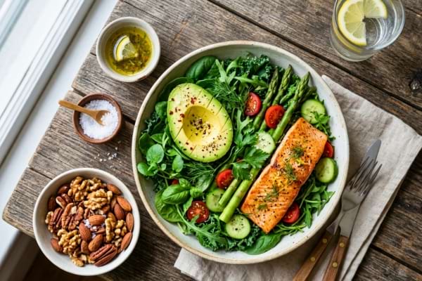 un repas sain compos&eacute; d'un demi-avocat, de saumon frais, de noix et de l&eacute;gumes 