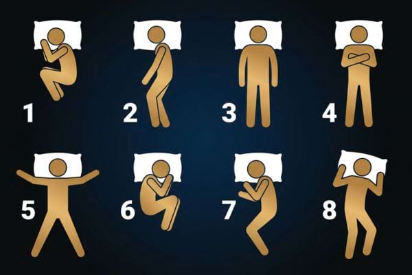 Huit positions de sommeil illustrées et numérotées de 1 à 8 sur fond bleu foncé.