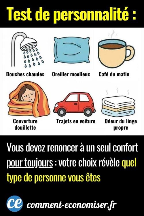Test de personnalmité avec douche, oreiller, café, couverture, voiture et linge propre