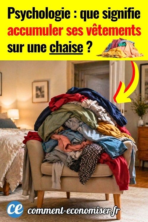 Pile de v&ecirc;tements entass&eacute;s sur un fauteuil dans une chambre, linge &agrave; trier ou &agrave; plier