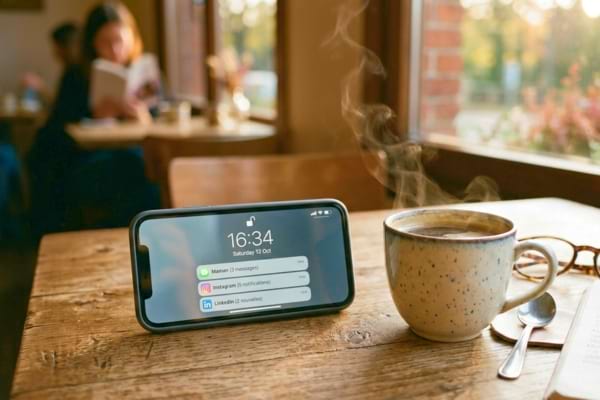 Un smartphone pos&eacute; sur une table en bois avec des notifications en attente