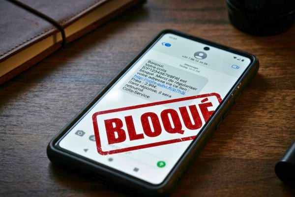 un &eacute;cran de smartphone affichant un SMS suspect concernant une livraison de colis,