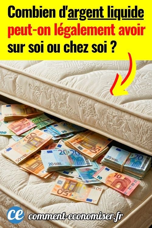 Liasses de billets en euros cachées entre deux matelas beige.