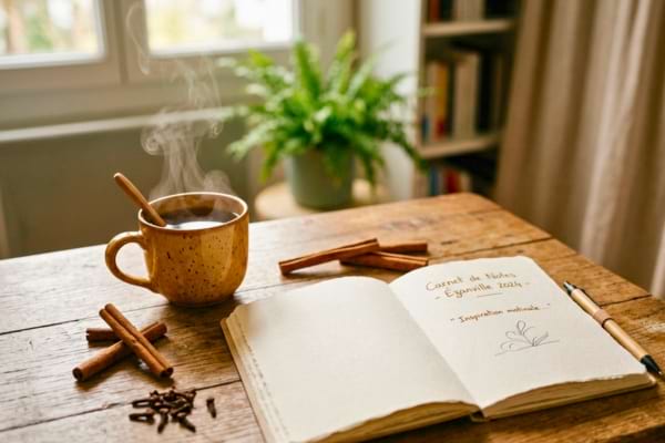 un carnet de notes ouvert &agrave; c&ocirc;t&eacute; d'une tasse d'infusion fumante