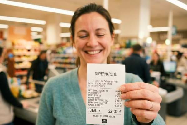 un ticket de caisse tenu par une main, avec une expression de soulagement visible