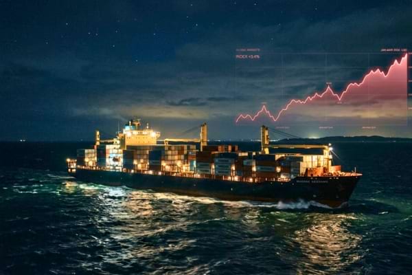 un navire cargo naviguant de nuit, &eacute;clair&eacute; par des lumi&egrave;res industrielles