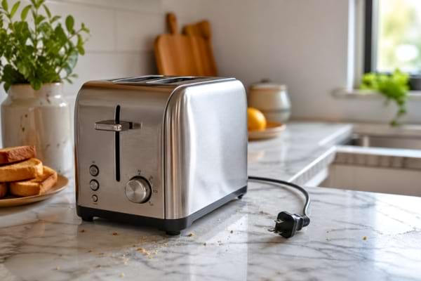 un grille-pain en acier inoxydable sur un comptoir de cuisine en marbre.
