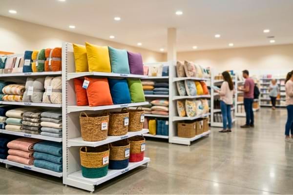 modern discount store interior, focusing on the home decor section.