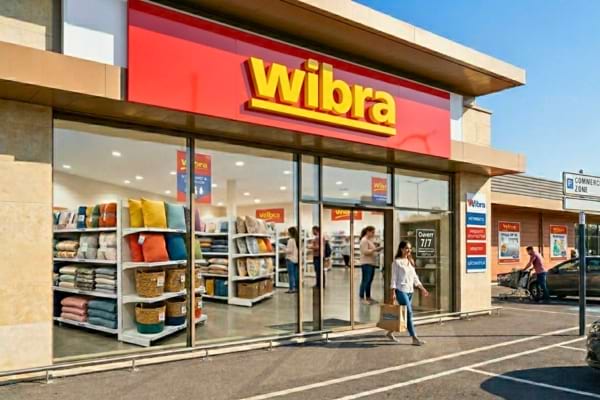 a modern retail store storefront Wibra in a French commercial zone.