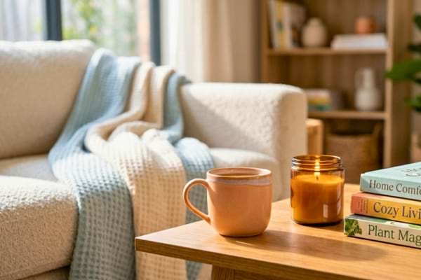 A stylish ceramic mug, a glowing scented candle, and a soft pastel throw blanket draped over a nearby sofa