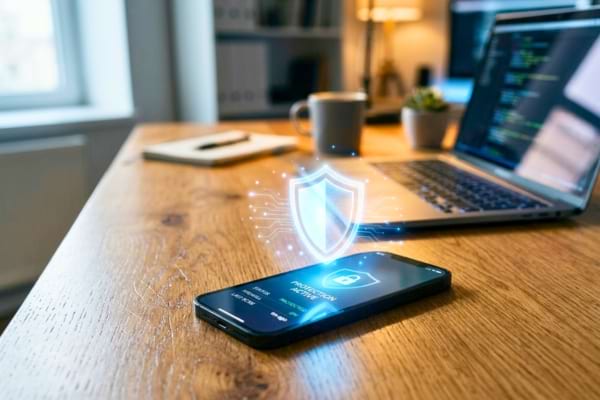 Un smartphone pos&eacute; sur un bureau en bois avec une ic&ocirc;ne de bouclier lumineux apparaissant au-dessus de l'&eacute;cran
