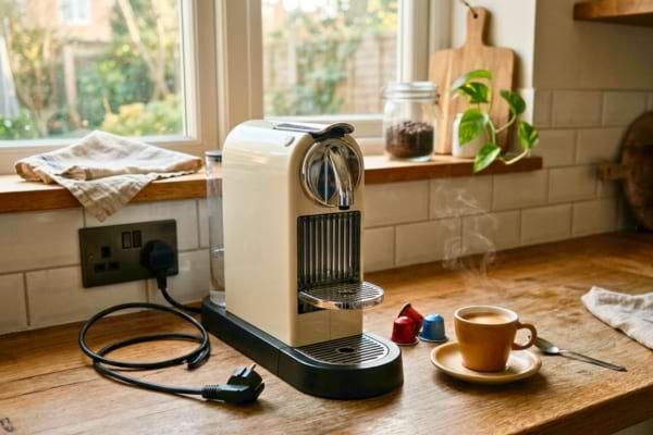 une machine &agrave; caf&eacute; &agrave; capsules design dans une cuisine au petit matin